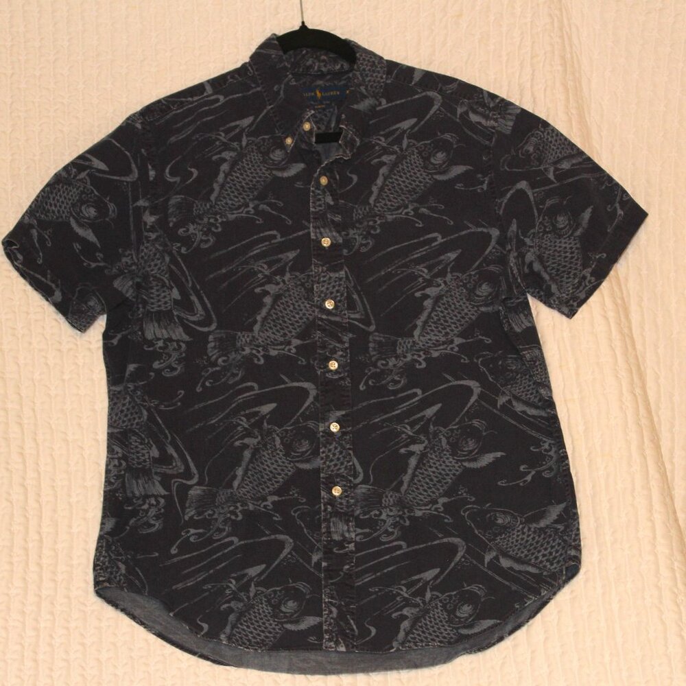 VTG Ralph Lauren Koi Fish Shirt Cotton Blue Hawaiian Sz XL SLIM FIT